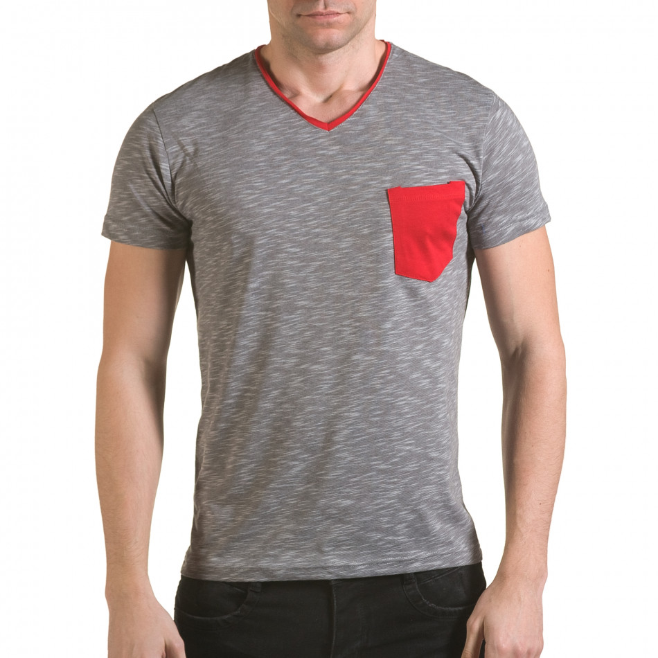 Мъжка сива тениска с червен джоб il170216-17