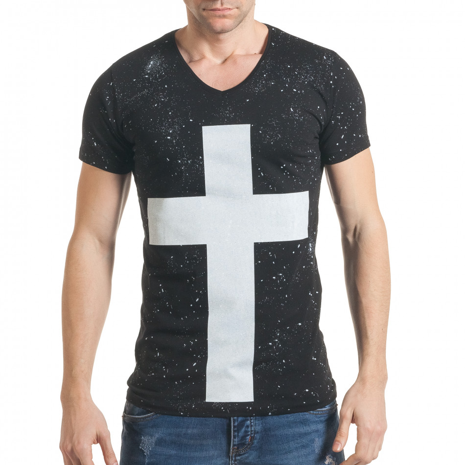 Мъжка черна тениска с бял кръст tsf060217-94