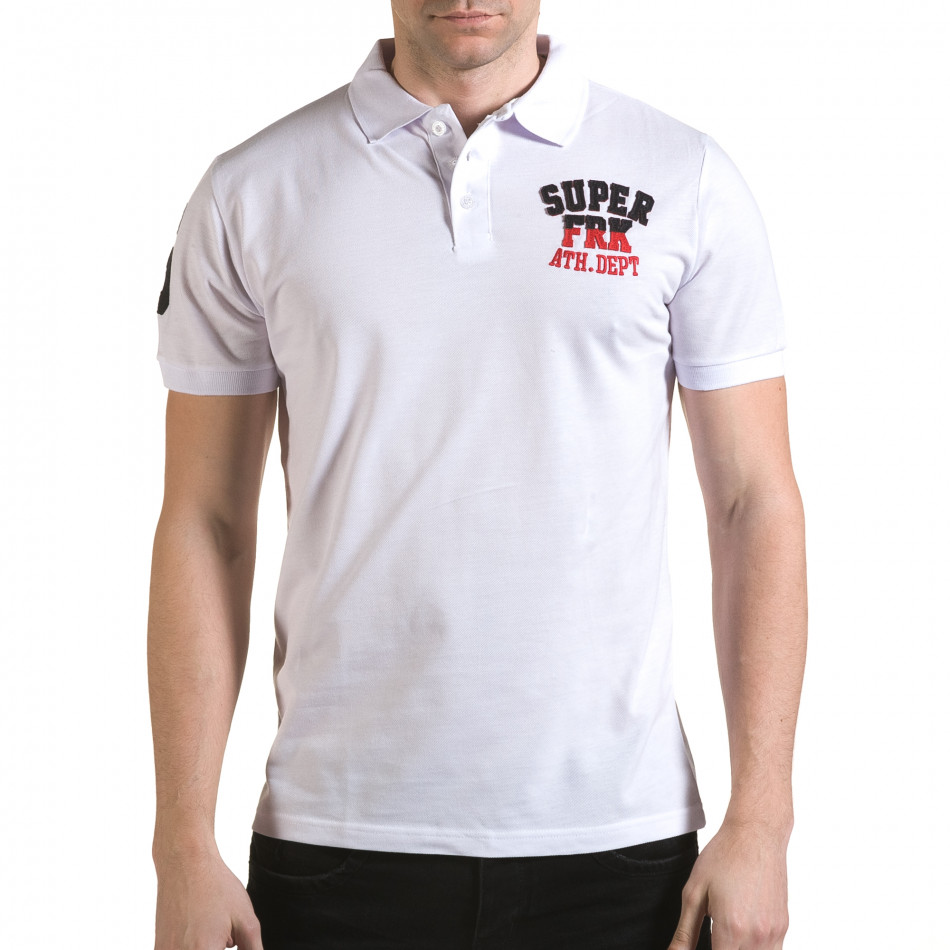 Мъжка бяла тениска с яка с релефен надпис Super FRK il170216-27