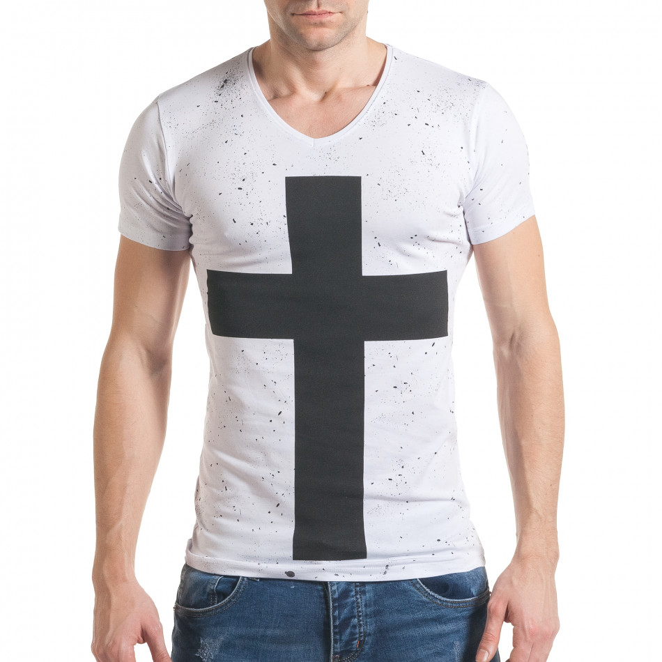 Мъжка бяла тениска с черен кръст tsf060217-95