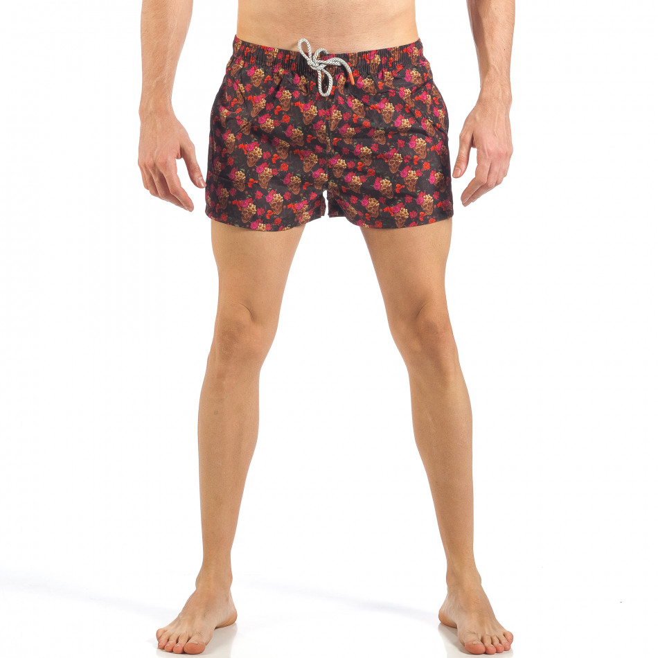 Мъжки черен бански с принт на черепи с цветя it260318-205