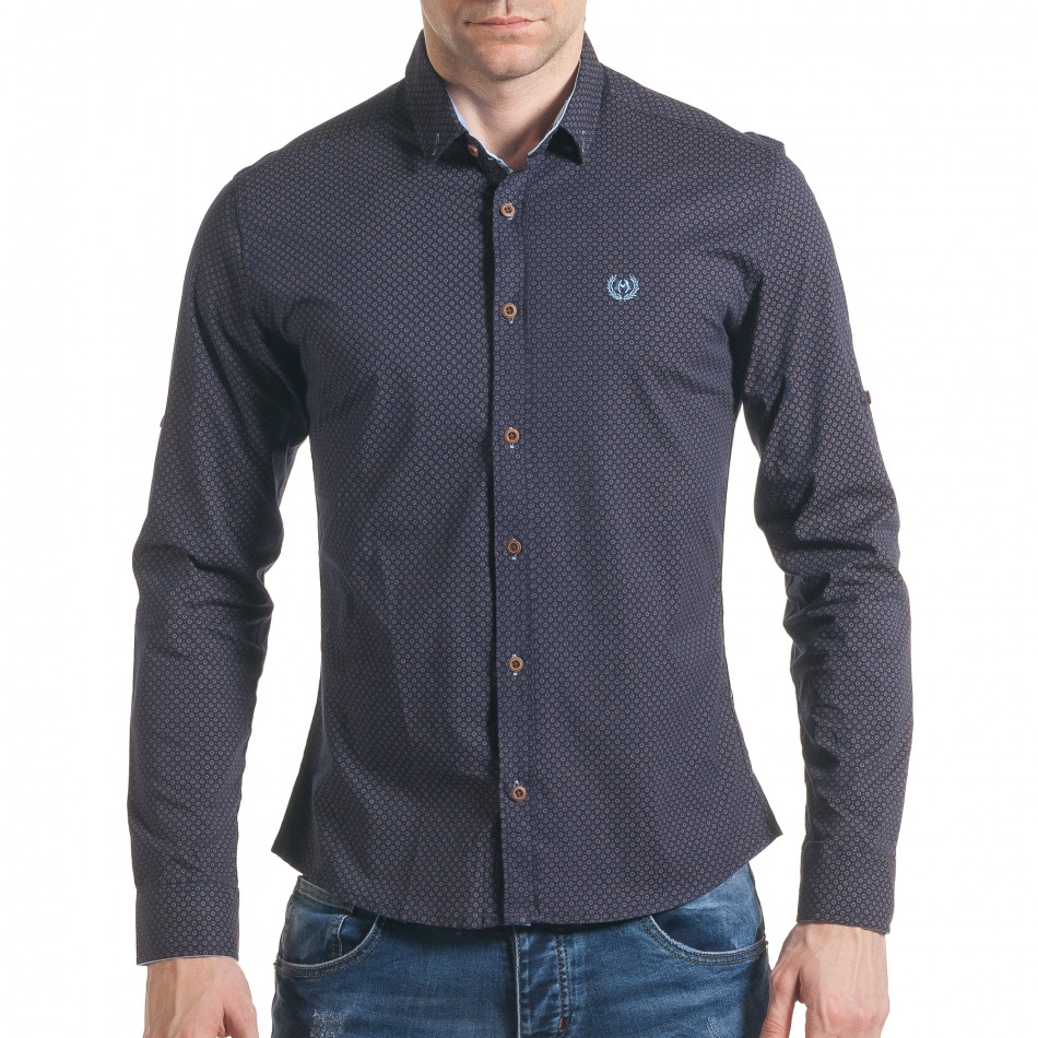 Мъжка синя риза със светло сини точки и бежови декорации tsf070217-4