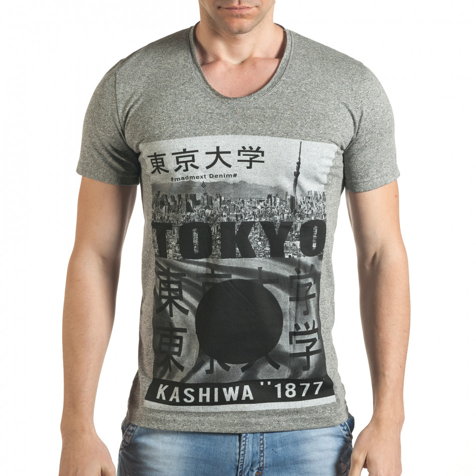 Мъжка сива тениска с голямо кръгло деколте tsf060416-5