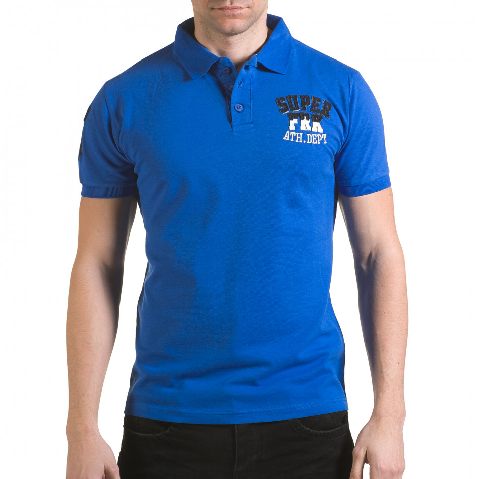 Мъжка синя тениска с яка с релефен надпис Super FRK il170216-21
