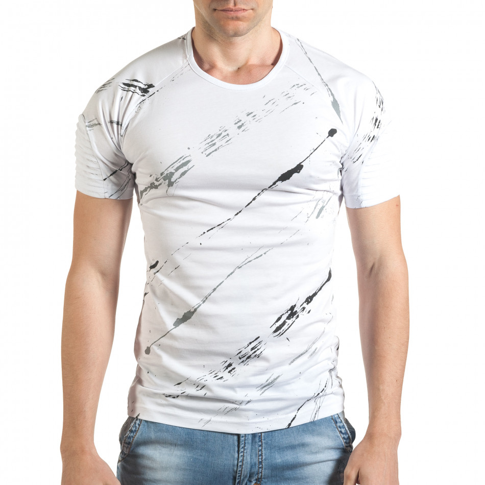 Мъжка бяла тениска с черно-сиви черти il140416-1
