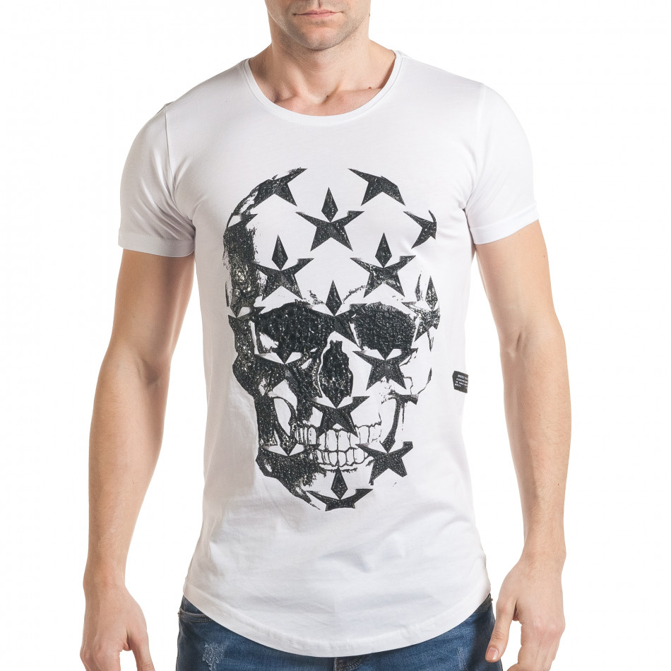 Мъжка бяла тениска с релефен череп и звезди tsf060217-50