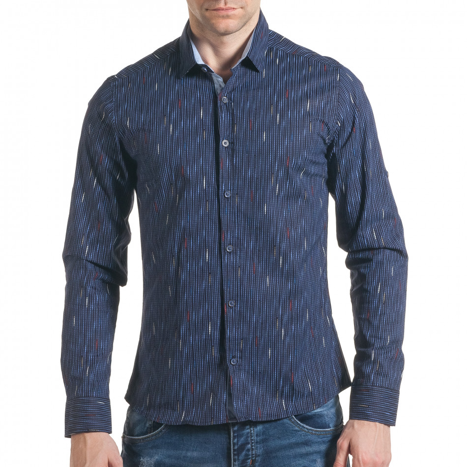 Мъжка синя риза с вертикален принт tsf070217-9