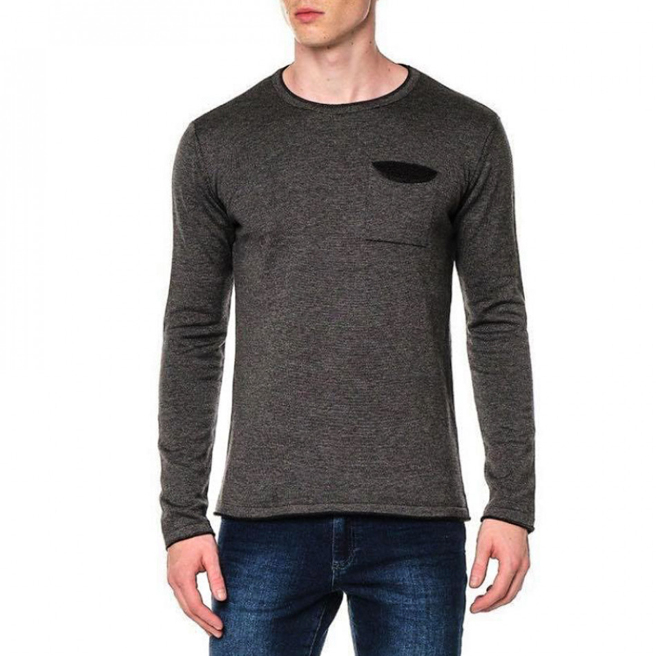 Мъжки фин пуловер с джоб сив меланж tr240921-2