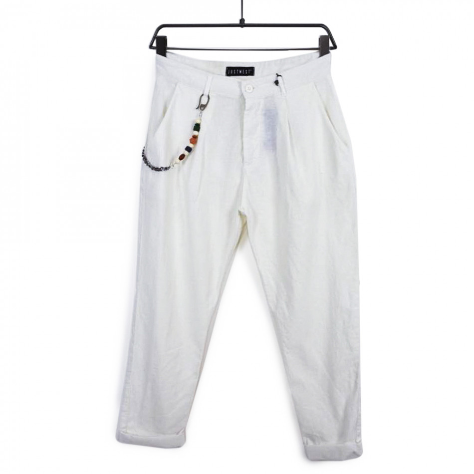 Мъжки бял панталон от памук и лен it120422-19