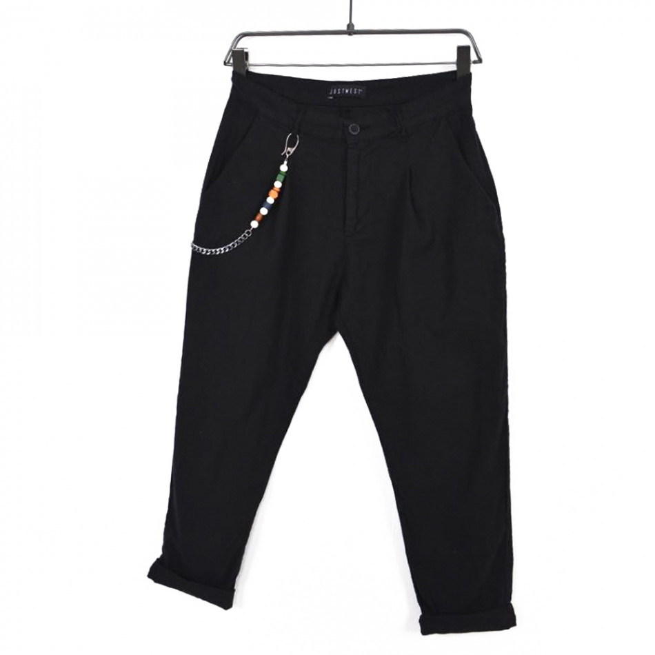 Мъжки черен панталон от памук и лен it120422-16