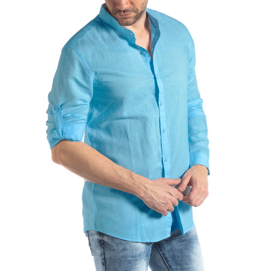 Мъжка ленена риза цвят тюркоаз it260523-2