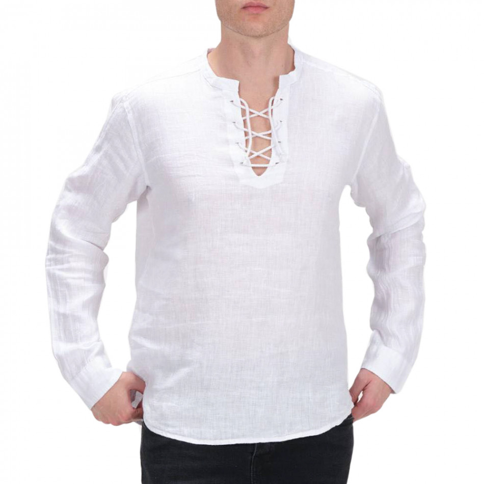 Бяла ленена риза Rustic с връзка tr120422-9