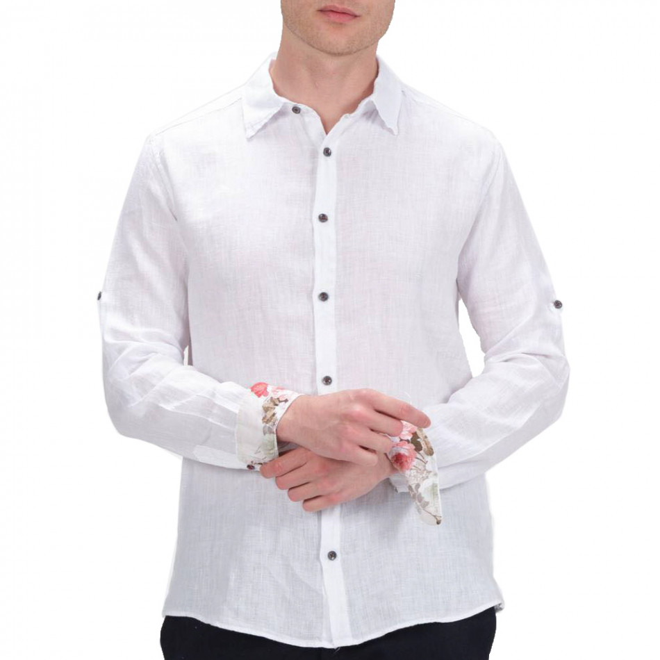 Бяла ленена риза с цветен детайл tr120422-8