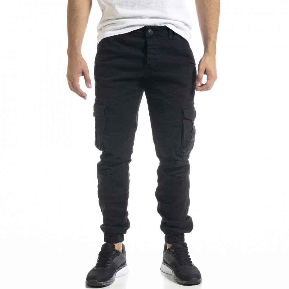 Мъжки черен карго панталон с ластик на крачолите tr240420-30
