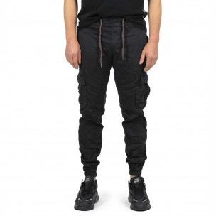 Мъжки черен карго панталон с ластик на кръста 8154 