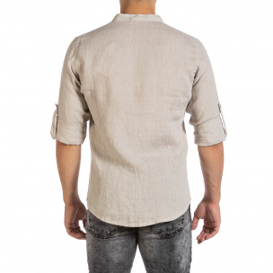 Мъжка бежова ленена риза с яка столче 2
