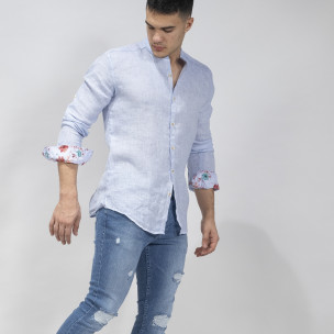 Мъжка синя риза от лен с яка столче - FASHIONMIX.BG Мъжка синя риза от лен с яка столче