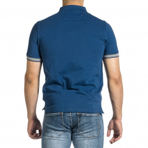 Мъжка синя тениска с яка и раирано бие  2