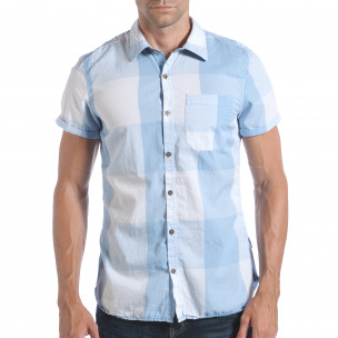 Мъжка риза с къс ръкав светло синьо каре