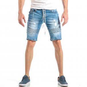Мъжки сини къси дънки в рокерски стил - FASHIONMIX.BG Мъжки сини къси дънки в рокерски стил