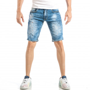 Slim fit мъжки къси дънки в синьо с цветни пръски - FASHIONMIX.BG Slim fit мъжки къси дънки в синьо с цветни пръски