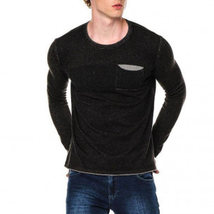 Мъжки фин пуловер с джоб черен меланж 