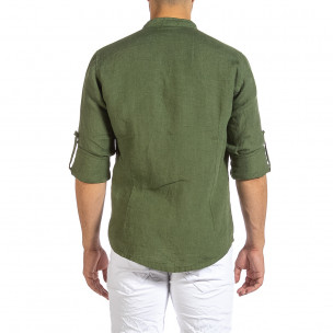 Мъжка зелена ленена риза с яка столче  2