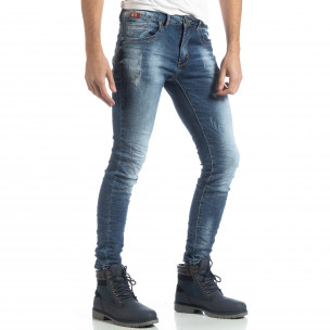 Сини мъжки дънки Slim fit с прокъсвания - FASHIONMIX.BG Сини мъжки дънки Slim fit с прокъсвания