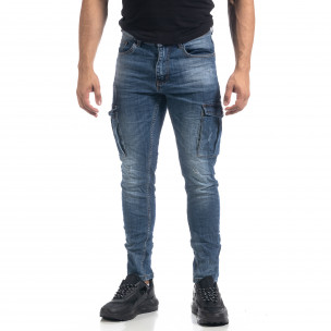 Мъжки намачкани Cargo Jeans Slim fit в синьо - FASHIONMIX.BG Мъжки намачкани Cargo Jeans Slim fit в синьо