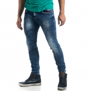 Washed мъжки намачкани сини дънки Slim fit - FASHIONMIX.BG Washed мъжки намачкани сини дънки Slim fit