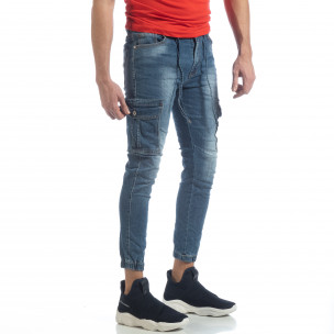 Мъжки сини карго дънки с ластик и връзки - FASHIONMIX.BG Мъжки сини карго дънки с ластик и връзки