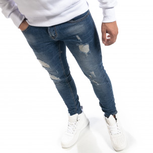 Сини мъжки Slim fit дънки с прокъсвания - FASHIONMIX.BG Сини мъжки Slim fit дънки с прокъсвания