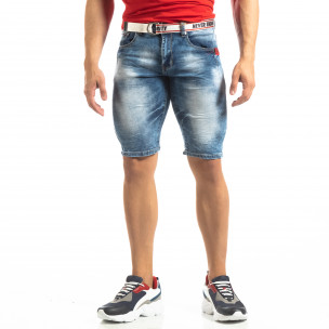 Мъжки намачкани къси дънки Slim-fit в синьо - FASHIONMIX.BG Мъжки намачкани къси дънки Slim-fit в синьо