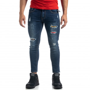 Cropped мъжки сини дънки с акценти Slim fit - FASHIONMIX.BG Cropped мъжки сини дънки с акценти Slim fit