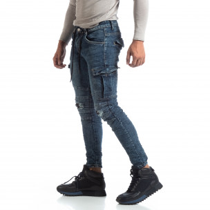 Мъжки сини Cargo Jeans рокерски стил - FASHIONMIX.BG Мъжки сини Cargo Jeans рокерски стил