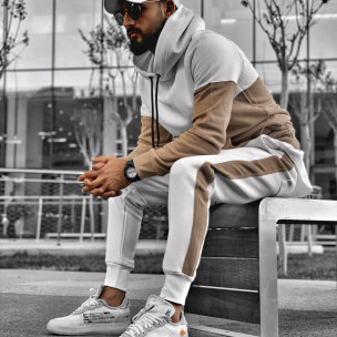 Мъжки памучен спортен комплект бяло и бежово - FASHIONMIX.BG Мъжки памучен спортен комплект бяло и бежово