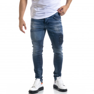 Мъжки сини дънки Slim fit с избелен ефект - FASHIONMIX.BG Мъжки сини дънки Slim fit с избелен ефект