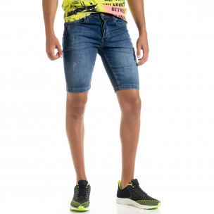 Slim fit мъжки сини къси дънки с прокъсвания - FASHIONMIX.BG Slim fit мъжки сини къси дънки с прокъсвания
