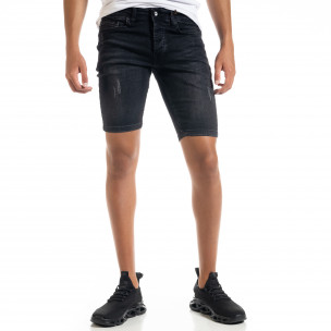 Slim fit мъжки черни къси дънки с прокъсвания - FASHIONMIX.BG Slim fit мъжки черни къси дънки с прокъсвания
