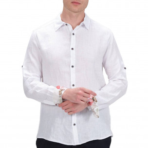 Бяла ленена риза с цветен детайл RNT23
