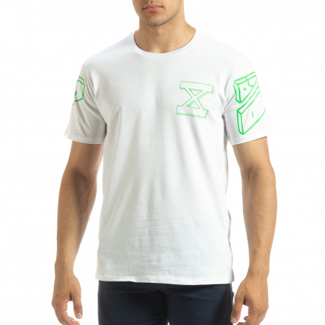 Бяла мъжка тениска зелен принт на гърба