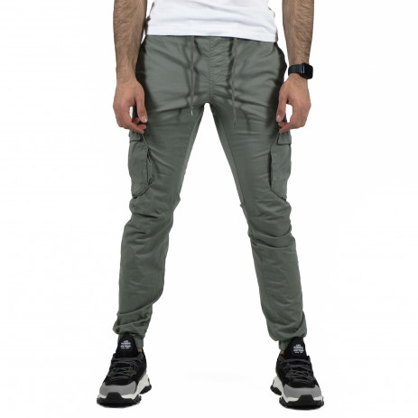 Мъжки сиво-зелен карго панталон с ластик на кръста 8154