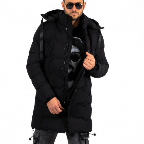 Мъжко черно дълго яке с подвижна качулка 2