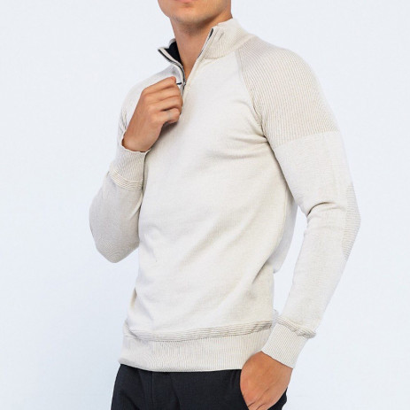 Мъжки фин светлобежов пуловер с цип