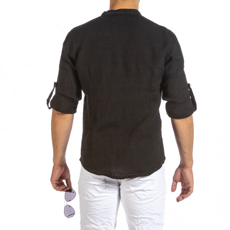 Мъжка черна ленена риза с яка столче 2
