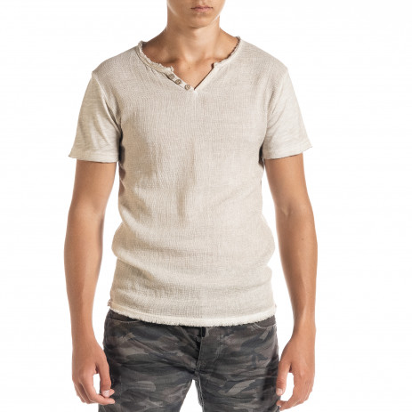 Мъжка тениска от памук и лен в бежово