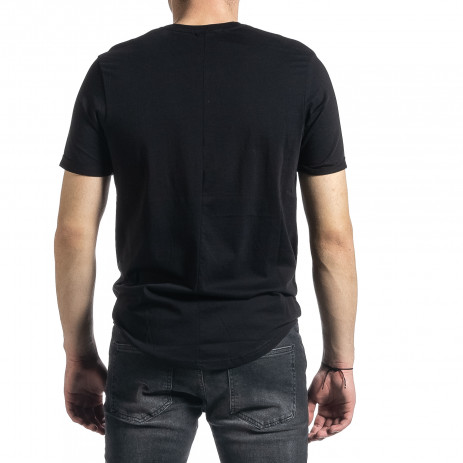 Мъжка черна тениска Slim fit с флок печат 2