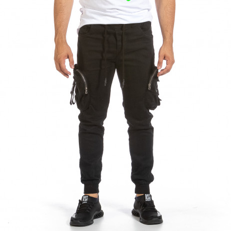 Черен карго панталон с трикотажен колан и маншети