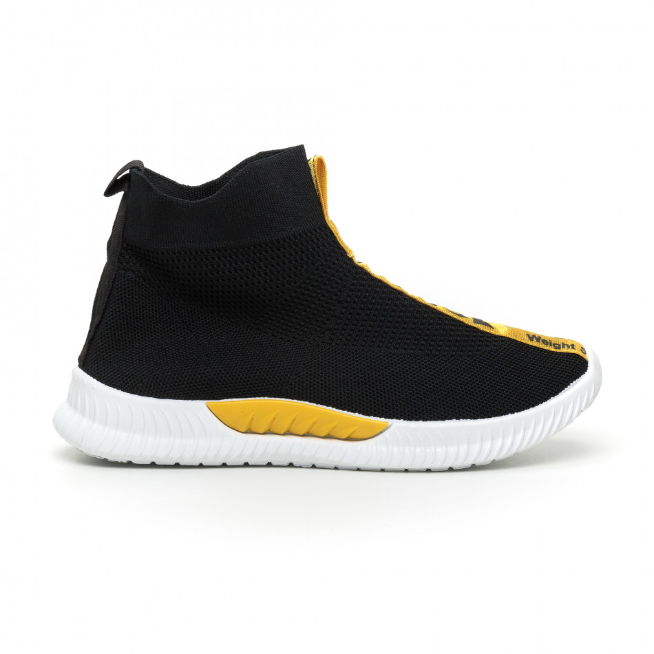 Ανδρικά slip-on μαύρα αθλητικά παπούτσια κάλτσα με κίτρινη επιγραφή