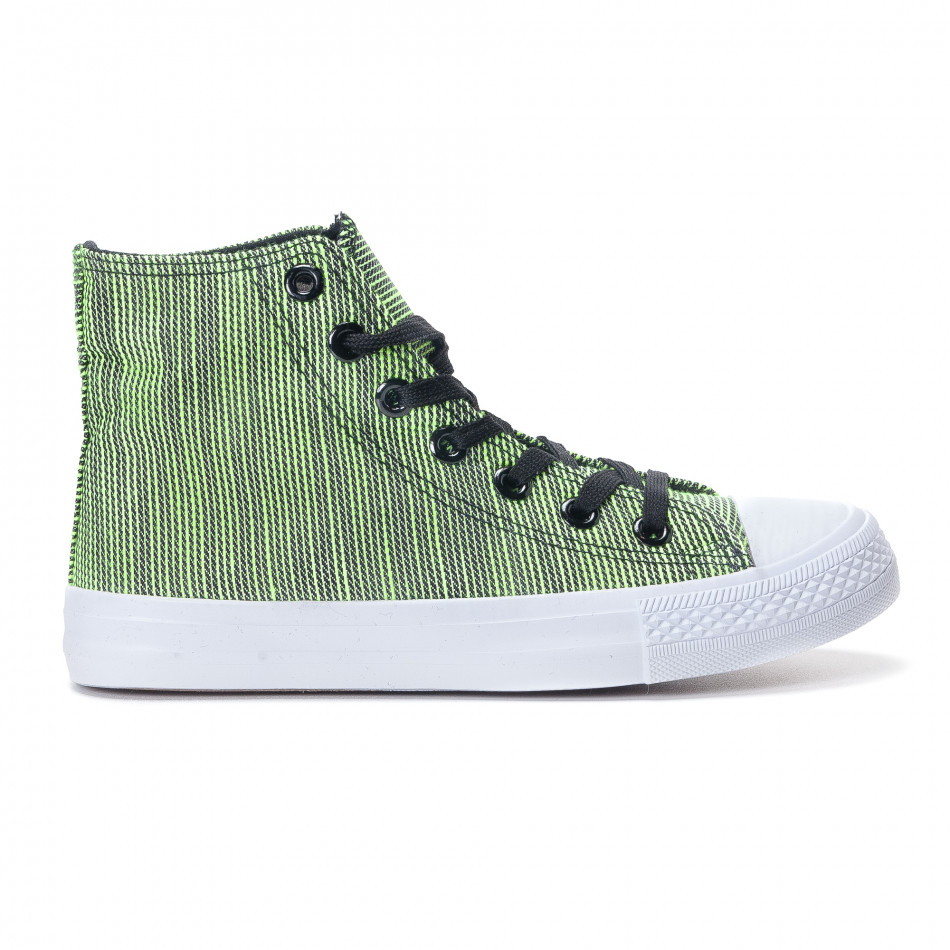 Ψηλά γυναικεία υφασμάτινα sneakers με πράσινες και μαύρες ρίγες